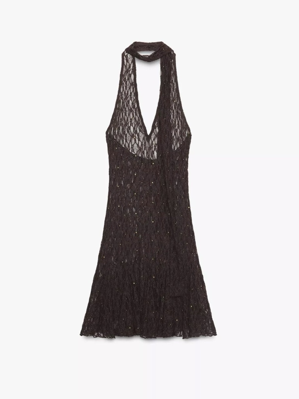 Zara Black Halter Lace Mini Dress with Subtle Sparkle - Picture 5 of 6